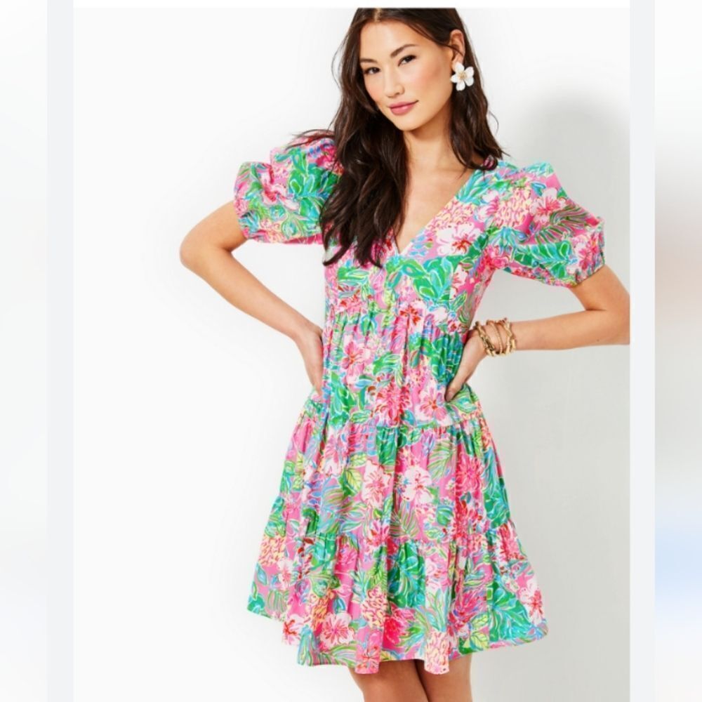 NWT Lilly Pulitzer Nalani Dress puff sleeve pink green size 16 - Picture 14 of 14